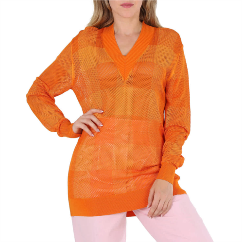 Burberry ladies deep orange zoie check mesh lace v-neck jumper