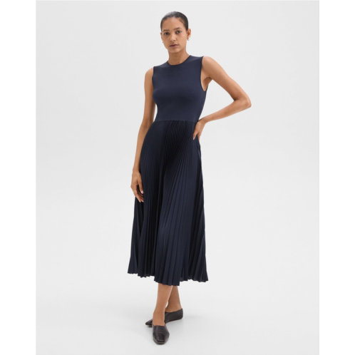 Theory Pleated Combo Dress in Textured Satin