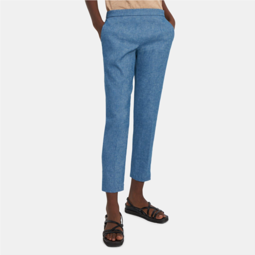 Theory Slim Cropped Pull-On Pant in Textured Stretch Linen