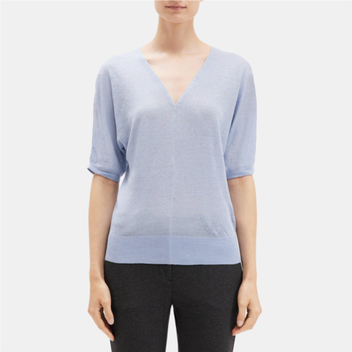 Theory V-Neck Short-Sleeve Sweater in Knit Linen