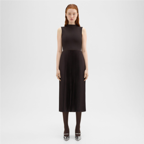 Theory Pleated Combo Dress in Textured Satin