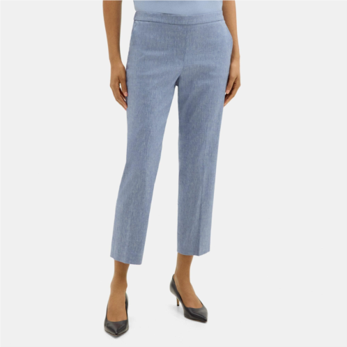 Theory Slim Cropped Pull-On Pant in Stretch Linen-Blend Melange