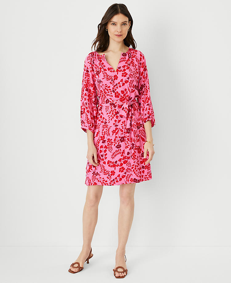 Anntaylor Floral Puff Sleeve Belted Shift Dress