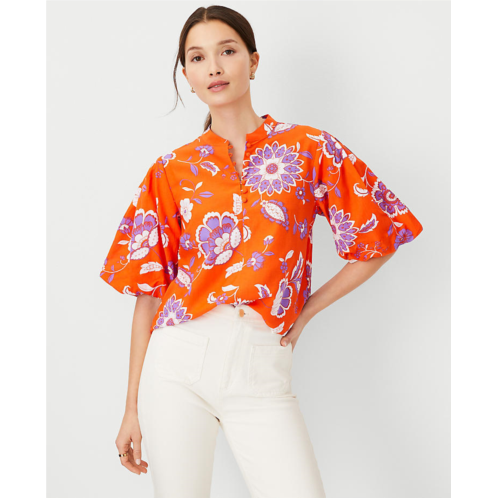 Anntaylor Floral Cotton Blend Pleated Sleeve Popover