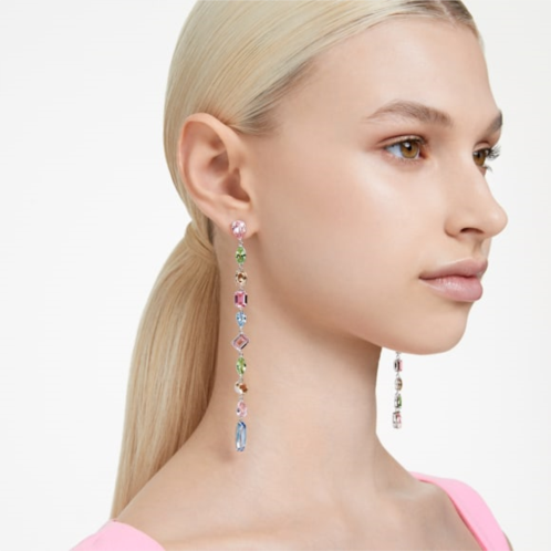 Swarovski Gema drop earrings, Asymmetrical design, Mixed cuts, Extra long, Multicolored, Rhodium plated