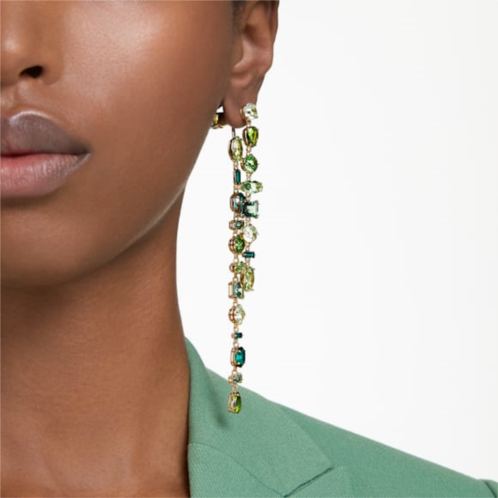 Swarovski Gema drop earrings, Asymmetrical design, Mixed cuts, Extra long, Green, Gold-tone plated