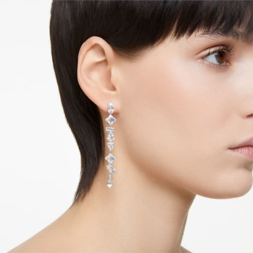 Swarovski Mesmera drop earrings, Asymmetrical design, Mixed cuts, Long, White, Rhodium plated