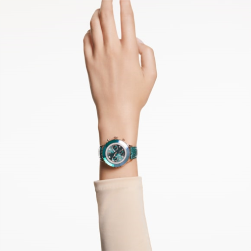 Swarovski Octea Chrono watch, Swiss Made, Leather strap, Green, Rose gold-tone finish