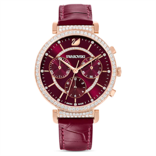Swarovski Passage Chrono watch, Swiss Made, Leather strap, Red, Rose gold-tone finish
