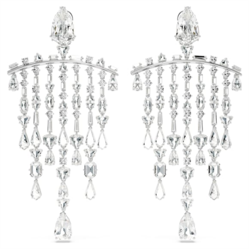 Swarovski Mesmera clip earrings, Mixed cuts, Chandelier, Extra long, White, Rhodium plated