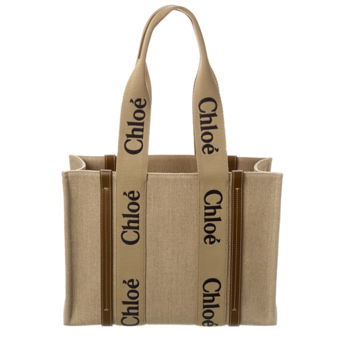 Chloe Woody Medium Linen & Leather Tote