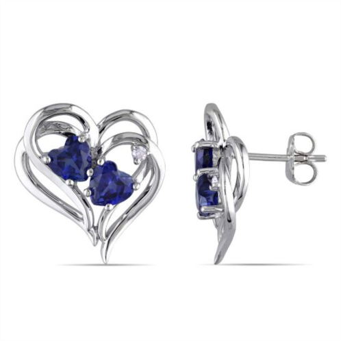 Amour Diamond and Created Blue Sapphire Heart Earrings In Sterling Silver