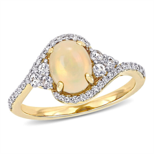 Amour 1 CT TGW Ethiopian Yellow Opal, White Sapphire and 1/5 CT TW Diamond Oval Halo Twist Ring In 10K Yellow Gold