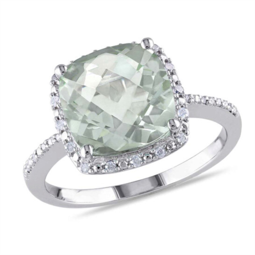 Amour 4CT TGW Cushion Cut Green Quartz and 1/10CT TDW Diamond Halo Ring In Sterling Silver
