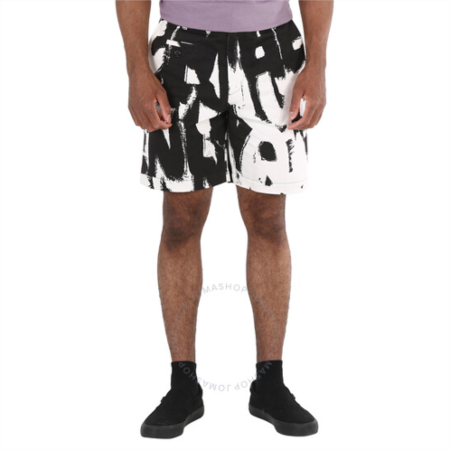 Alexander Mcqueen Mens White / Black Graffiti Logo Print Shorts, Brand Size 48 (US Size 38)