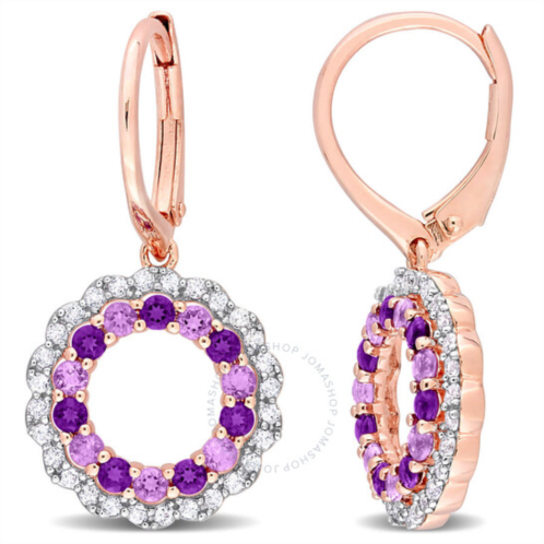 Amour 1 2/5 CT TGW Amethyst, African Amethyst and White Topaz Open Circle Drop Leverback Earrings In Rose Plated Sterling Silver