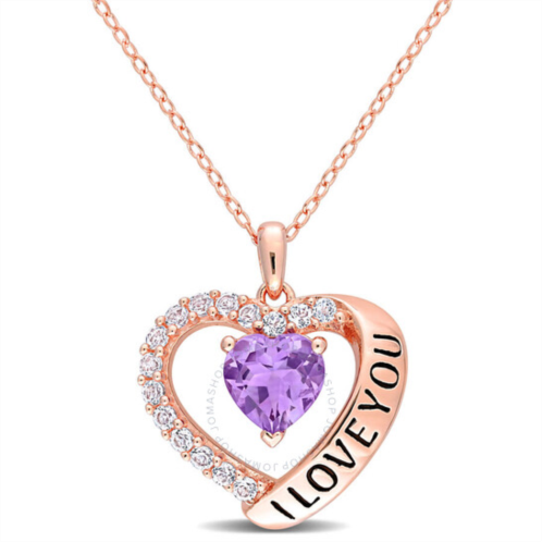 Amour 1 5/8 CT TGW Amethyst and White Topaz Heart i Love You Pendant with Chain In Rose Plated Sterling Silver