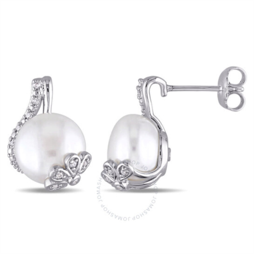 Amour 10 - 10.5 Mm White Cultured Freshwater Pearl and 1/10 CT TW Diamond Swirl Earrings In Sterling Silver
