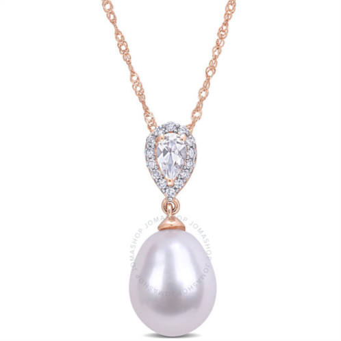 Amour 9-9.5 Mm Freshwater Cultured Pearl 1/4 CT TGW White Topaz and Diamond Accent Drop Pendant with Chain In 10K Rose Gold