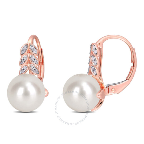 Amour 9-9.5mm Cultured White Freshwater Pearl and 1/10 CT TW Diamond Leverback Earrings In 10K Rose Gold