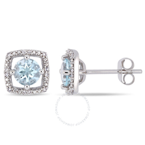 Amour 4/5 CT TGW Aquamarine and Diamond Square Halo Stud Earrings In 10K White Gold