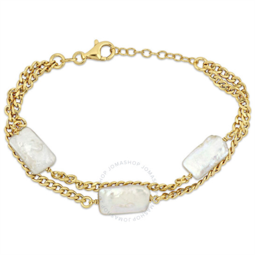 Amour 10x15.5mm Cultured Freshwater Rectangular Pearl Double Row Bracelet with Curb Chain in Yellow Plated Sterling Silver