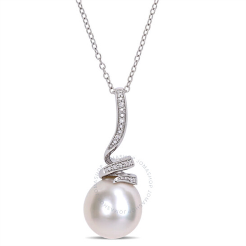 Amour 11 - 12 Mm Freshwater Cultured Pearl and Diamond Accent Swirl Drop Pendant with Chain In Sterling Silver