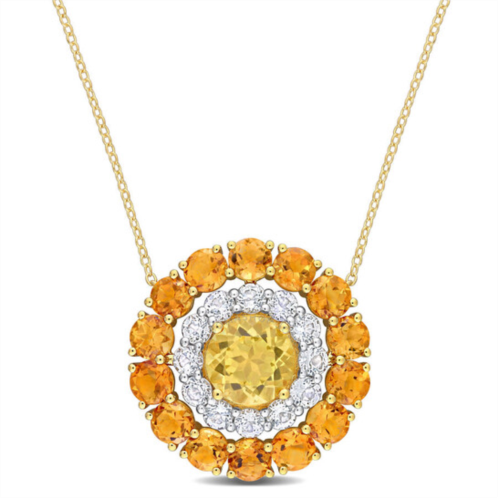 Amour 11 2/5 CT TGW Citrine, Madeira Citrine and White Topaz Double Halo Circle Pendant with Chain In Yellow Plated Sterling Silver