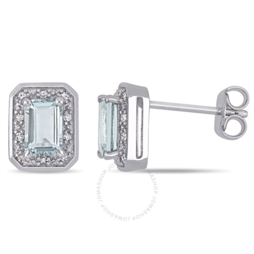 Amour 1/10 CT TW Diamond and Emerald Cut Aquamarine Halo Earrings In Sterling Silver