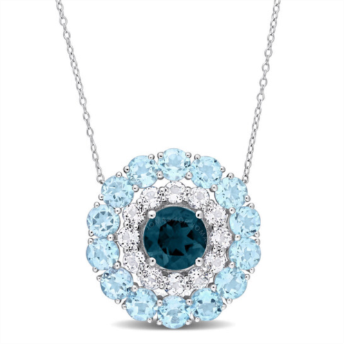 Amour 14 3/5 CT TGW London Blue Topaz, Sky Blue Topaz and White Topaz Double Halo Circle Pendant with Chain In Sterling Silver