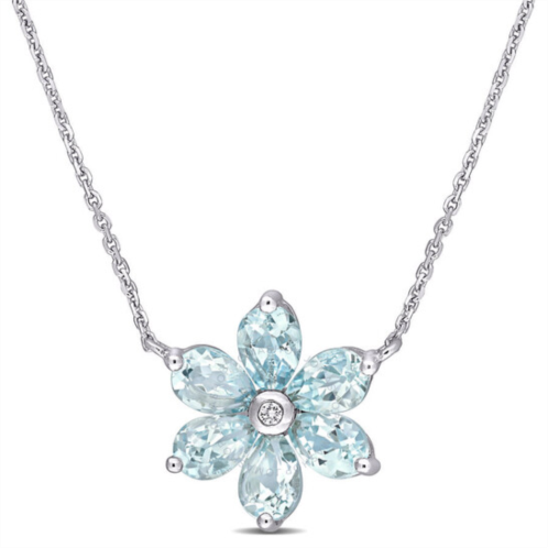 Amour 2 3/8 CT TGW Aquamarine and Diamond Accent Floral Pendant with Chain In 14K White Gold