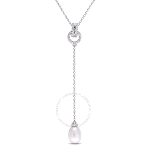 Amour 1/5 CT TGW White Topaz and 8 - 8.5 Mm White Cultured Freshwater Pearl Drop Pendant with Chain In Sterling Silver