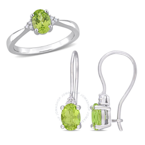 Amour 2 1/2 CT TGW Oval Peridot and Diamond Accent Ring and Euro Back Earrings Set in Sterling Silver