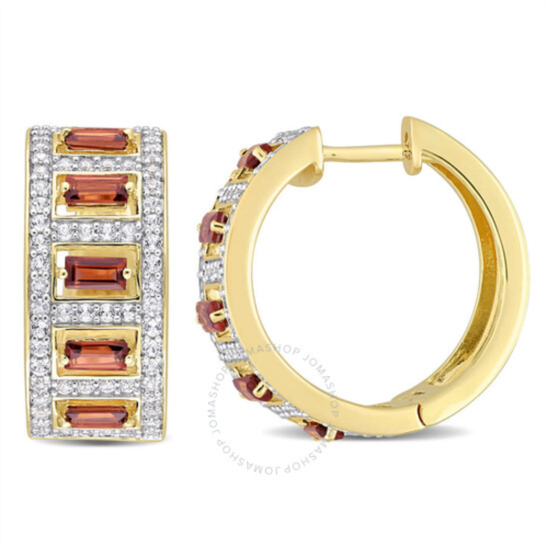 Amour 3 1/10 CT TGW Baguette Garnet and White Topaz Hoop Earrings in Yellow Plated Sterling Silver