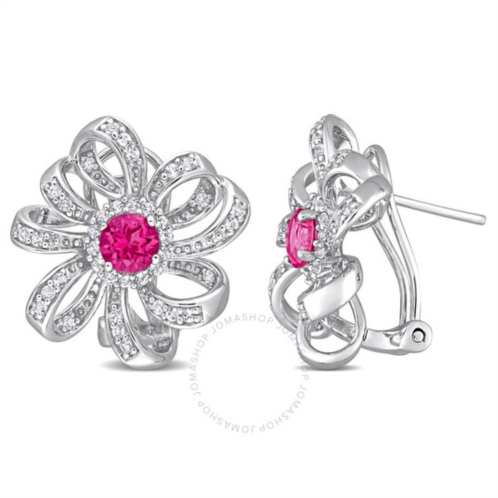Amour 2 CT TGW Pink Topaz and White Topaz Flower Omega Clip Earrings In Sterling Silver