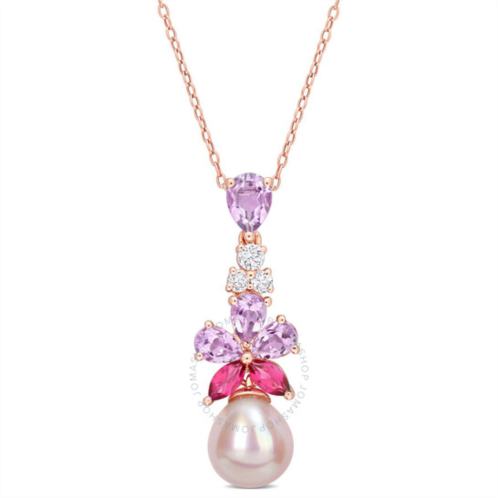 Amour 9.5-10mm Pink Freshwater Cultured Pearl 2 3/8 CT TGW Rose De France and White and Pink Topaz Floral Drop Pendant In Rose Plated Sterling Silver