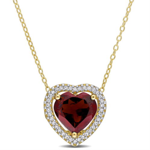 Amour 3 4/5 CT TGW Garnet and 1/5 TW Diamond Halo Heart Necklace with Chain In Yellow Plated Sterling Silver