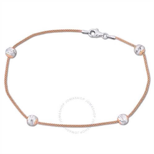 Amour 6mm Ball Station Chain Anklet with 2-Tone White and Rose Sterling Silver Lobster Clasp - 9 in.