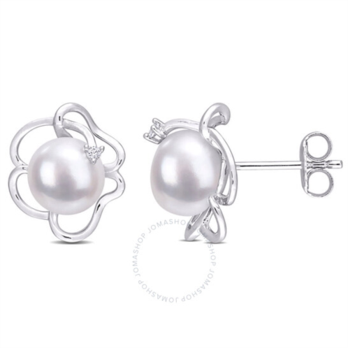Amour 7.5-8mm Freshwater Cultured Pearl and Created White Sapphire Floral Stud Earrings In Sterling Silver