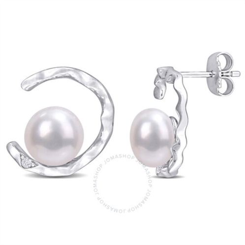 Amour 7.5-8mm Freshwater Cultured Pearl and Created White Sapphire Open Wave Stud Earrings In Sterling Silver