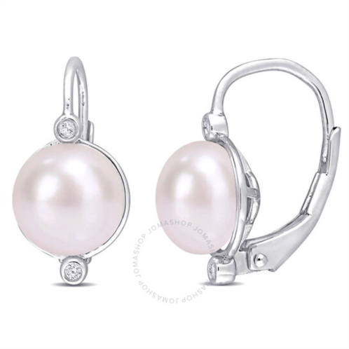 Amour 7.5-8mm Freshwater Cultured Pearl and Diamond Accent Leverback Earrings In Sterling Silver