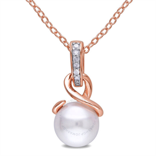 Amour 8 Mm White Cultured Freshwater Pearl and Diamond Twist Pendant with Chain In Rose Plated Sterling Silver