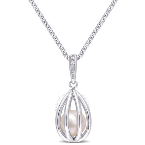 Amour 8-8.5mm Freshwater Cultured Pearl and Diamond Accent Pearl Necklace with Chain In Sterling Silver