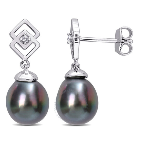 Amour 8-9mm Black Tahitian Cultured Pearl and White Topaz Drop Earrings In Sterling Silver