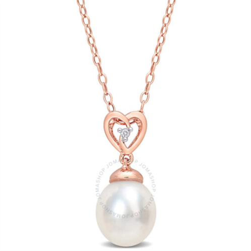Amour 8-9mm South Sea Cultured Pearl and White Topaz Drop Pendant with Chain In Rose Plated Sterling Silver