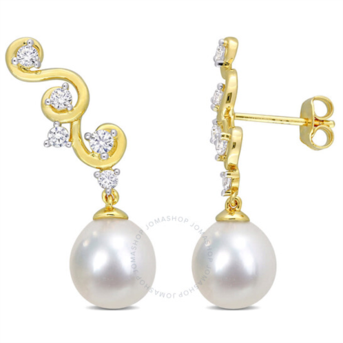 Amour 8-9mm South Sea Cultured Pearl and 5/8 CT TGW Created White Sapphire Infinity Drop Earrings In Yellow Plated Sterling Silver