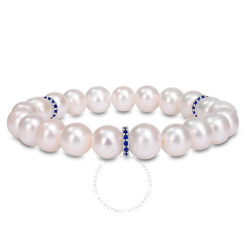 Amour 9-9.5mm Freshwater Cultured Pearl and Created Sapphire Rondelles Bracelet In Sterling Silver