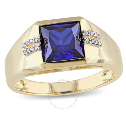 Amour 3 CT TGW Square-shape Created Blue Sapphire and Diamond Mens Ring In 10K Yellow Gold