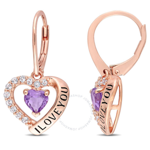 Amour C1 1/2 CT TGW Amethyst and White Topaz Heart i Love You Leverback Earrings In Rose Plated Sterling Silver