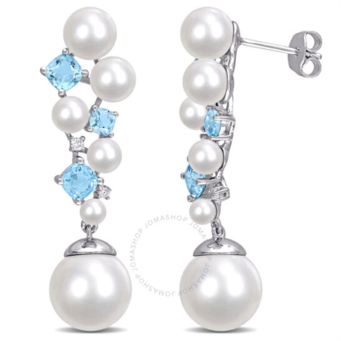 Amour Cultured Freshwater Pearl and Swiss Blue Topaz and Diamond Accent Cluster Drop Earrings In Sterling Silver